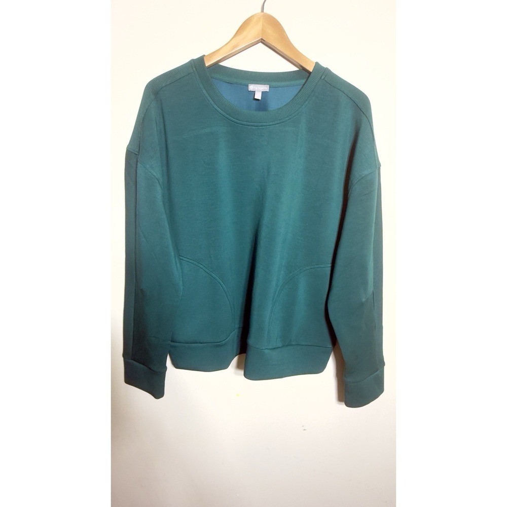 T by Talbots Sweatshirt L Large Teal  Green Modal Blend Ribbed Pocket Crew Neck